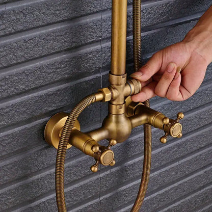 Vintage brass shower faucet mixer set featuring a bathroom rainfall head shelf with two cross-handle knobs and braided hoses