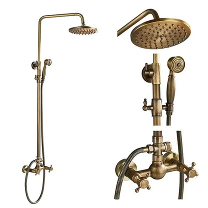 Vintage brass shower faucet mixer set featuring a rainfall head, handheld spray nozzle, and wall-mounted valve assembly