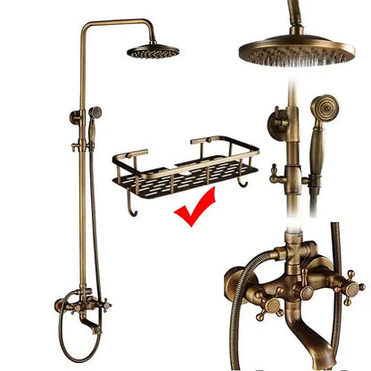Brass-finished vintage shower faucet mixer set with tall rainfall head, handheld spray, and wall-mounted faucet assembly