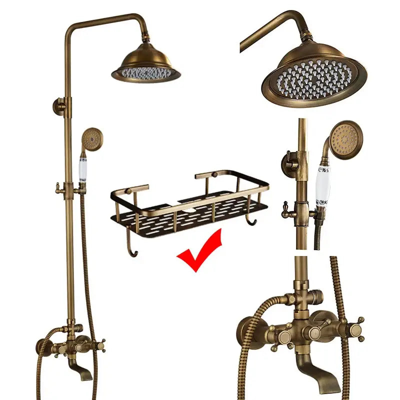 Brass-finished shower faucet mixer set with black perforated metal tray and curved hooks for bathroom rainfall head organization
