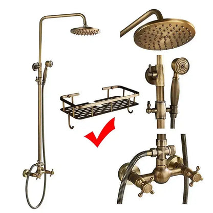 Brass-finished vintage shower faucet mixer set with circular rainfall showerhead and multiple spray nozzles for bathroom use