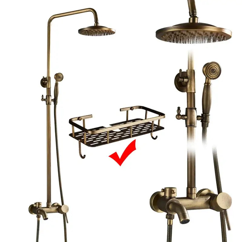 Brass-finished shower faucet mixer set with black metal grid shelf and curved hooks for bathroom rainfall head use