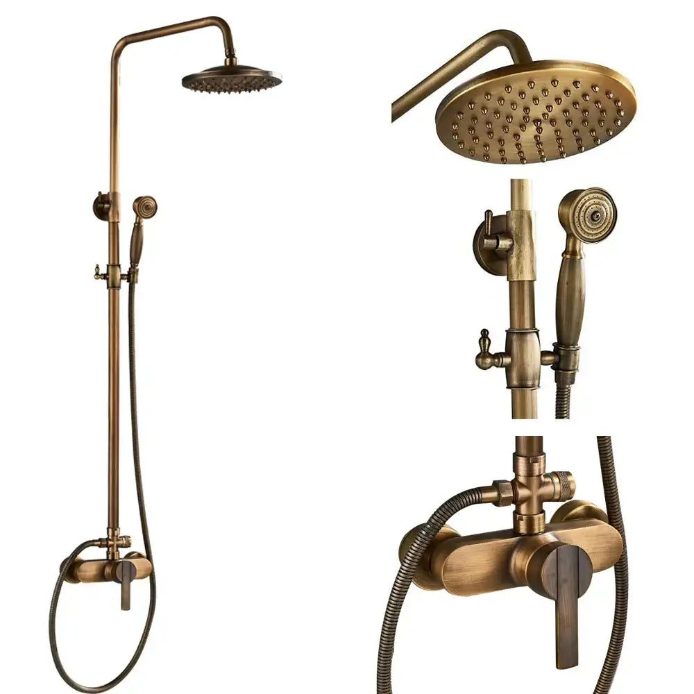 Antique brass shower faucet mixer set with rainfall head, handheld spray nozzle, and wall-mounted control valve shelf