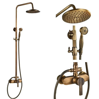 Antique brass shower faucet mixer set with rainfall head, handheld spray nozzle, and wall-mounted control valve shelf