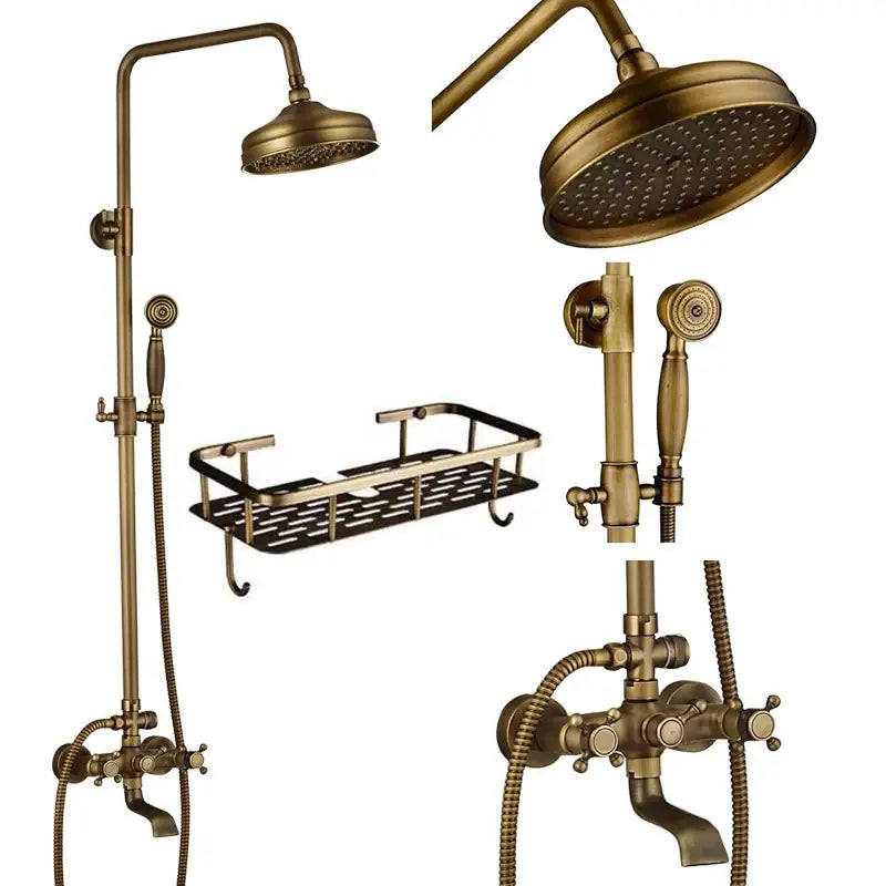 Antique brass shower faucet mixer set with rainfall head handheld spray and wall-mounted faucet mixer for bathroom use