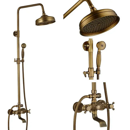 Antique brass-finished vintage shower faucet mixer set with rainfall head handheld spray and wall-mounted valve assembly