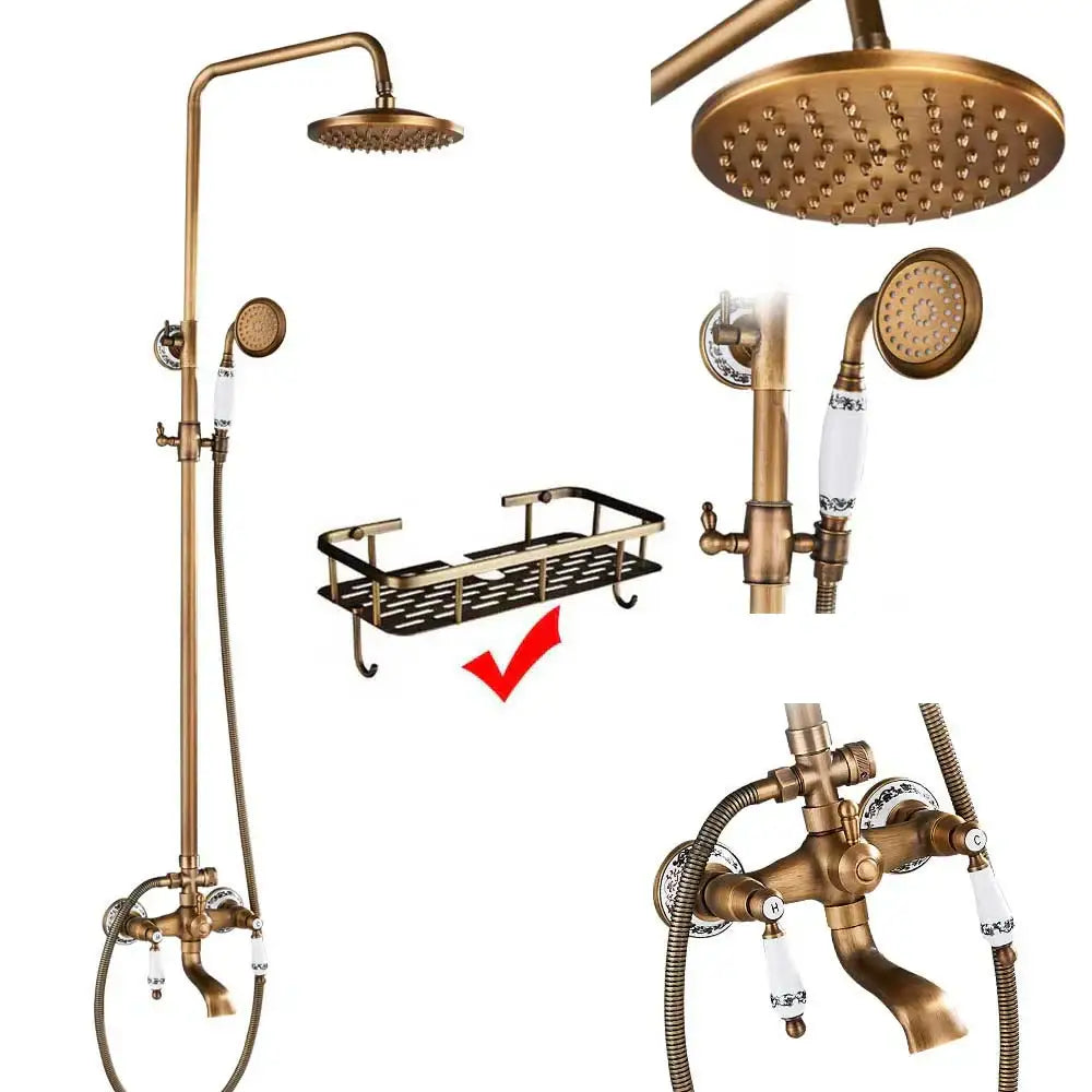 Brass-finished vintage shower faucet mixer set with tall rainfall head handheld showerhead and ceramic handles for bathroom