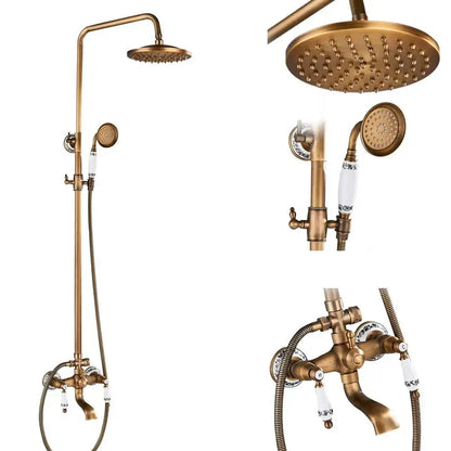 Antique brass-finished vintage shower faucet mixer set with ceramic knobs and matching handheld showerhead for bathroom use