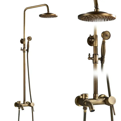 Antique brass shower faucet mixer set with vintage rainfall head and handheld spray nozzle for bathroom use