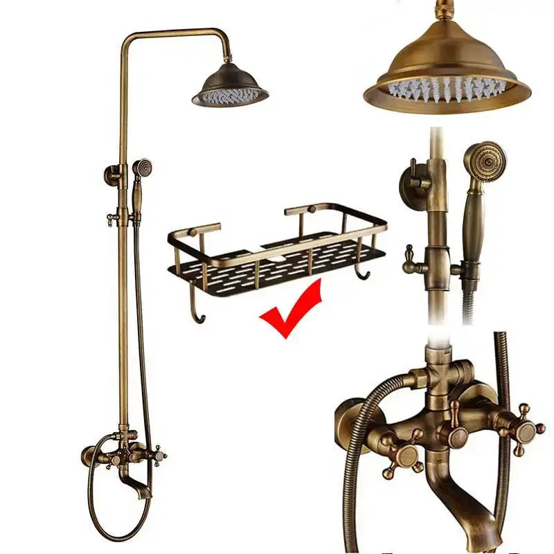Brass vintage-style shower faucet mixer set with tall overhead rainhead handheld sprayer and wall-mounted faucet mixer