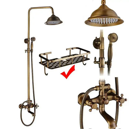 Brass vintage-style shower faucet mixer set with tall overhead rainhead handheld sprayer and wall-mounted faucet mixer