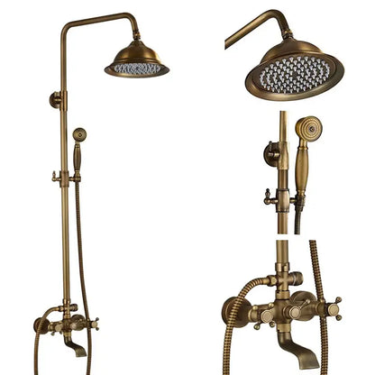 Vintage brass shower faucet mixer set with antique brass finish fixed rainfall head and handheld spray for bathroom use