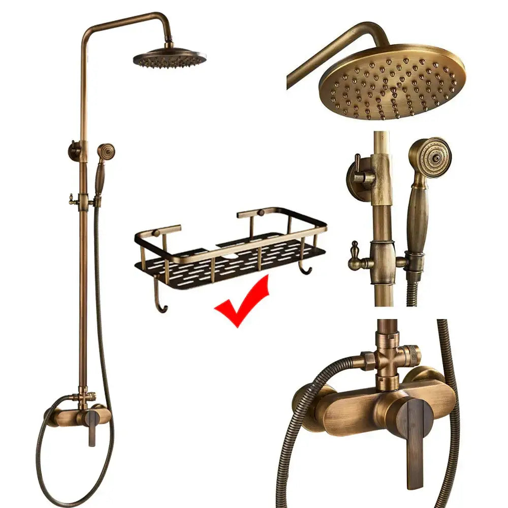 Antique brass-finished vintage brass shower faucet mixer set with tall overhead rainhead handheld spray and wall control valve