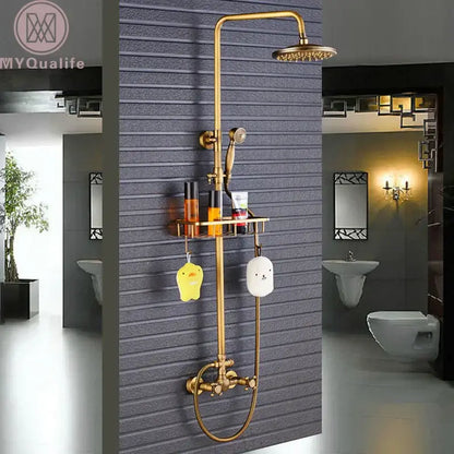Vintage brass shower faucet mixer set with rainfall head handheld nozzle and integrated shelf for bathroom use