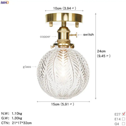 Vintage brass star glass copper ceiling light with clear globe pendant and leaf-patterned etched glass copper ceiling light
