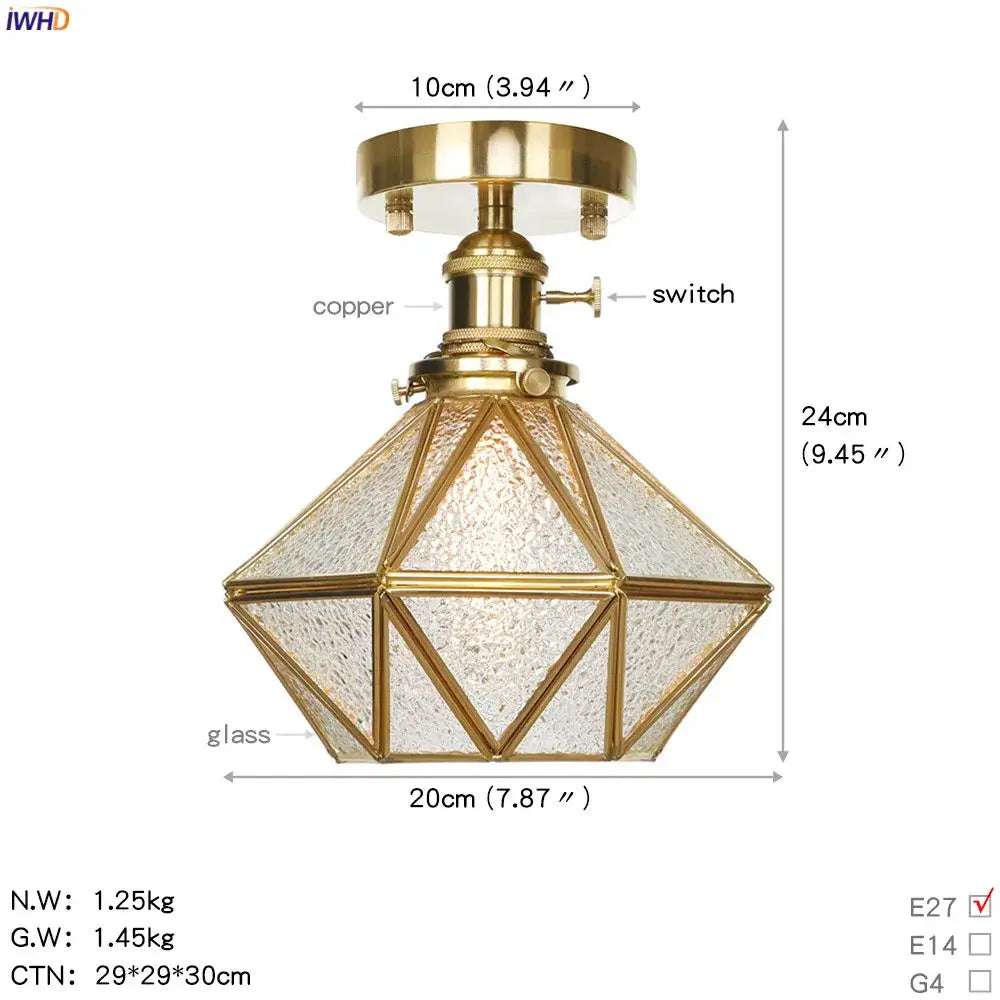 Vintage brass star glass copper ceiling light featuring textured glass panels and a copper switch for bedroom use
