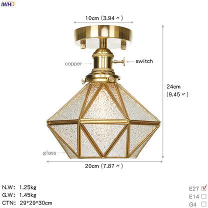 Vintage brass star glass copper ceiling light featuring textured glass panels and a copper switch for bedroom use