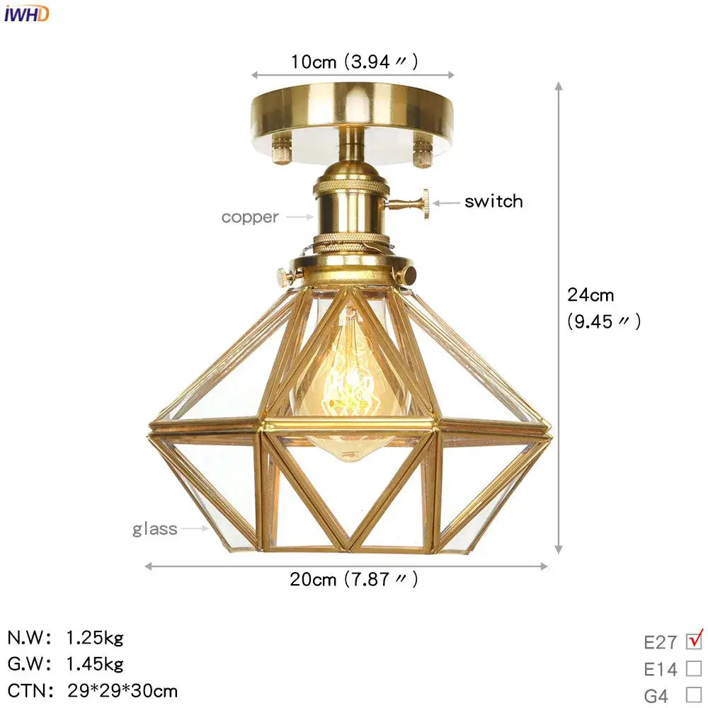 Vintage brass star glass copper ceiling light with geometric pendant design and visible filament bulb for bedroom