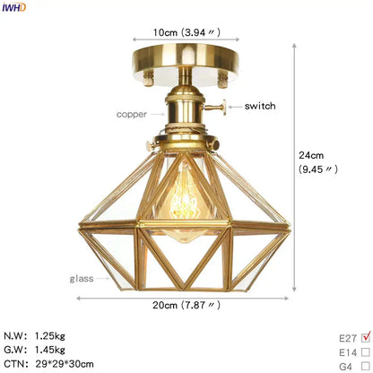 Vintage brass star glass copper ceiling light with geometric pendant design and visible filament bulb for bedroom