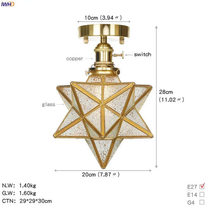 Vintage brass star glass copper ceiling light with textured panels and copper switch for bedroom lighting
