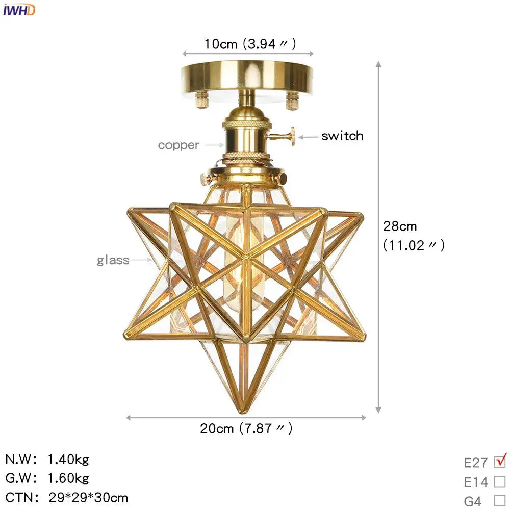 Vintage brass star glass copper ceiling light with gold finish and clear glass panels for bedroom illumination