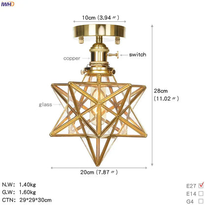 Vintage brass star glass copper ceiling light with gold finish and clear glass panels for bedroom illumination