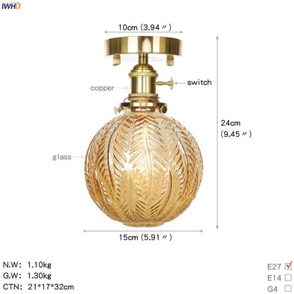 Vintage brass star glass copper ceiling light with gold finish, textured leaf-patterned globe, and copper accents for bedroom