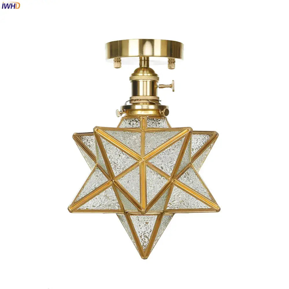 Vintage brass star glass copper ceiling light with gold finish and textured glass panels for bedroom use