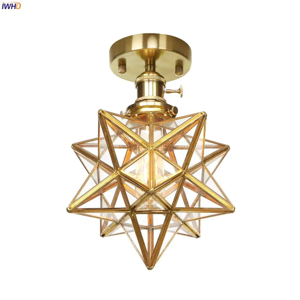 Vintage brass star-shaped ceiling light with clear glass panels and copper ceiling light fixture for bedroom lamp