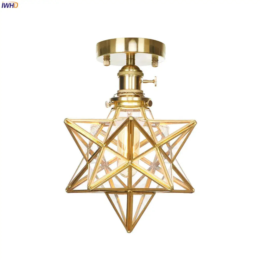 Vintage brass star-shaped ceiling light with clear glass panels copper ceiling light for bedroom illumination