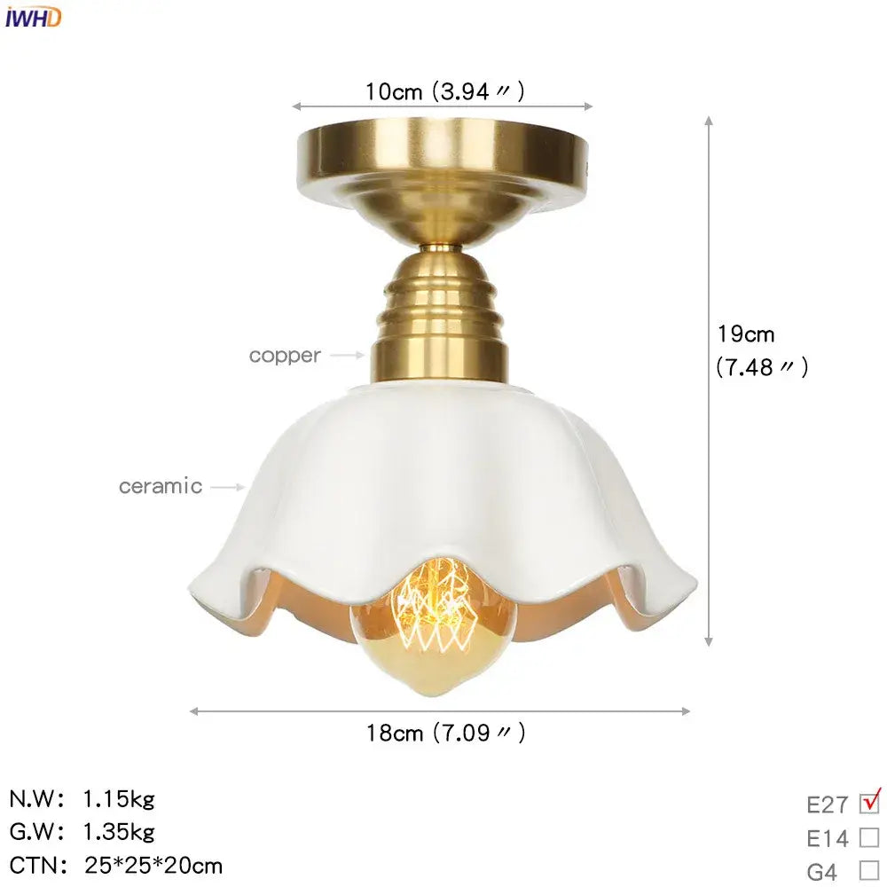 Vintage brass star glass copper ceiling light with a ruffled white ceramic shade and exposed Edison bulb for bedroom use