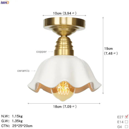 Vintage brass star glass copper ceiling light with a ruffled white ceramic shade and exposed Edison bulb for bedroom use