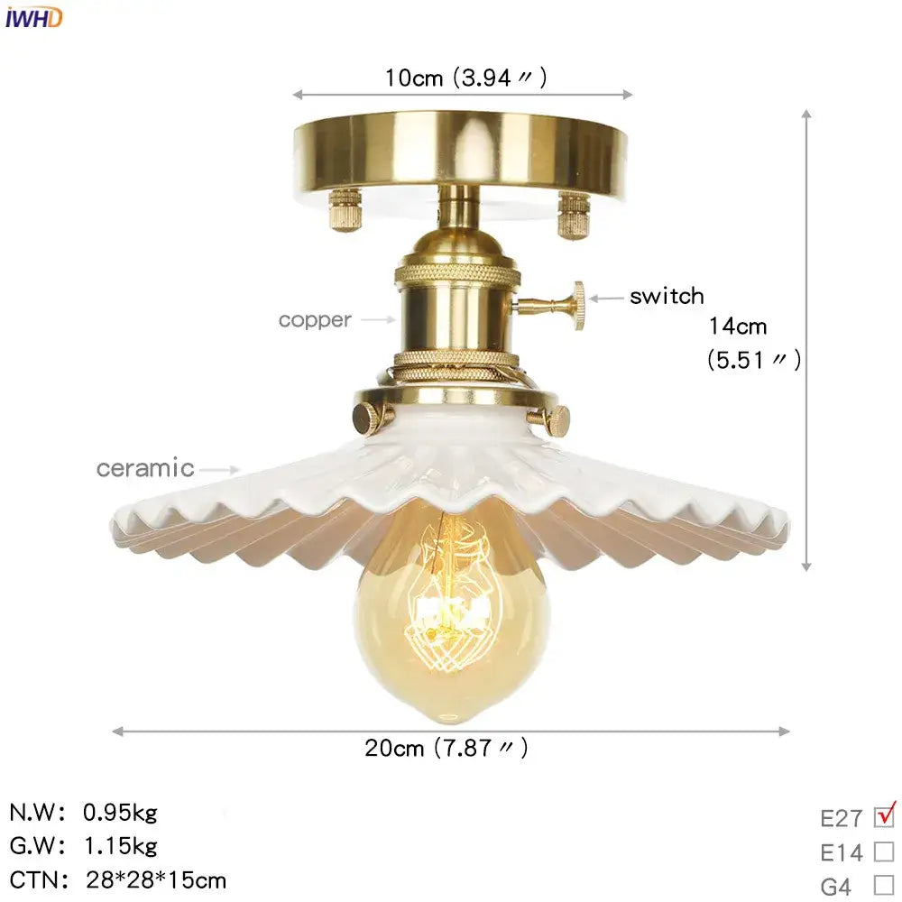 Vintage brass star glass copper ceiling light with scalloped white ceramic shade and exposed Edison bulb for bedroom use