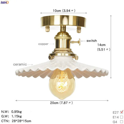 Vintage brass star glass copper ceiling light with scalloped white ceramic shade and exposed Edison bulb for bedroom use