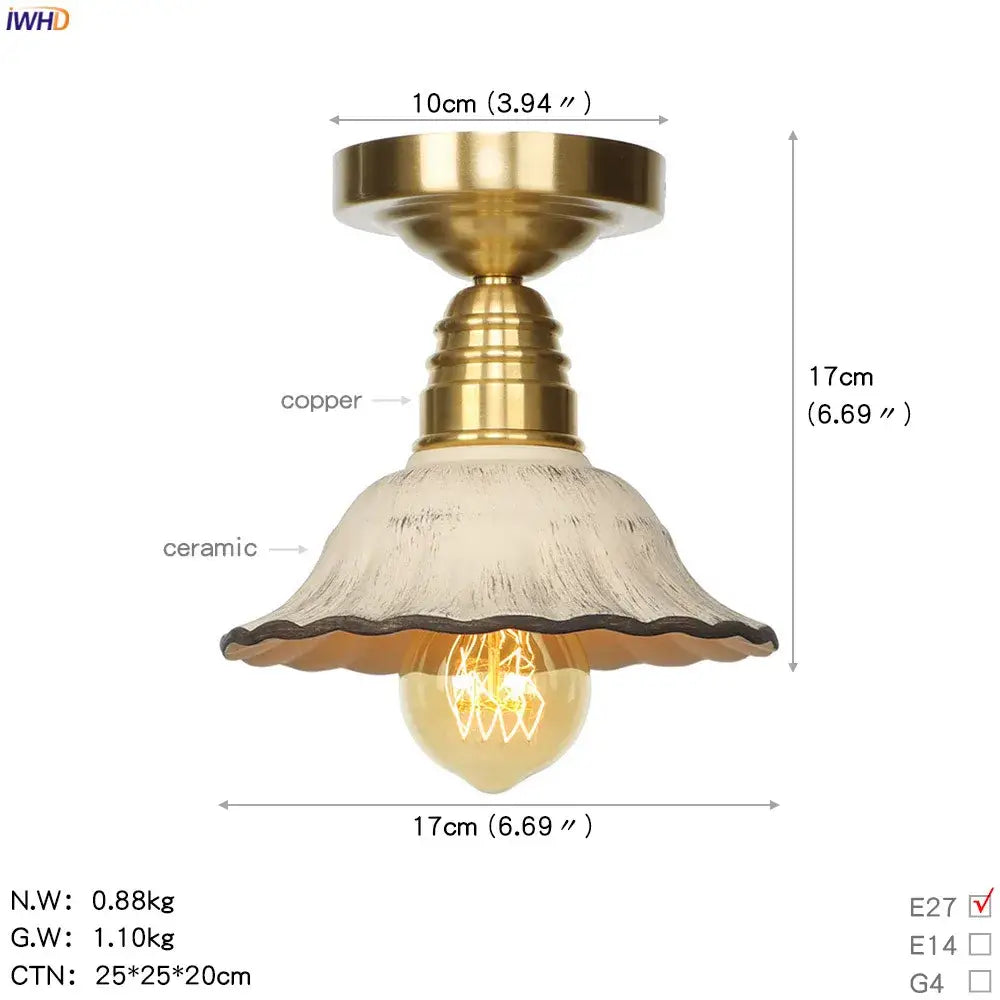 Vintage brass star glass copper ceiling light with a distressed off-white ceramic shade and exposed edison bulb
