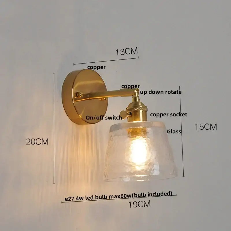 Brass finished vintage LED wall lamp with textured clear glass shade and pull chain for bedroom decorbites wall lamp