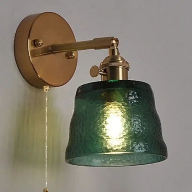 Vintage brass led wall lamp with textured green glass shade and pull chain for bedroom decorbites clear glass style