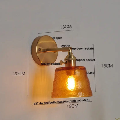 Vintage brass led wall lamp with copper wall sconce and textured amber glass shade for bedroom decorbites clear glass
