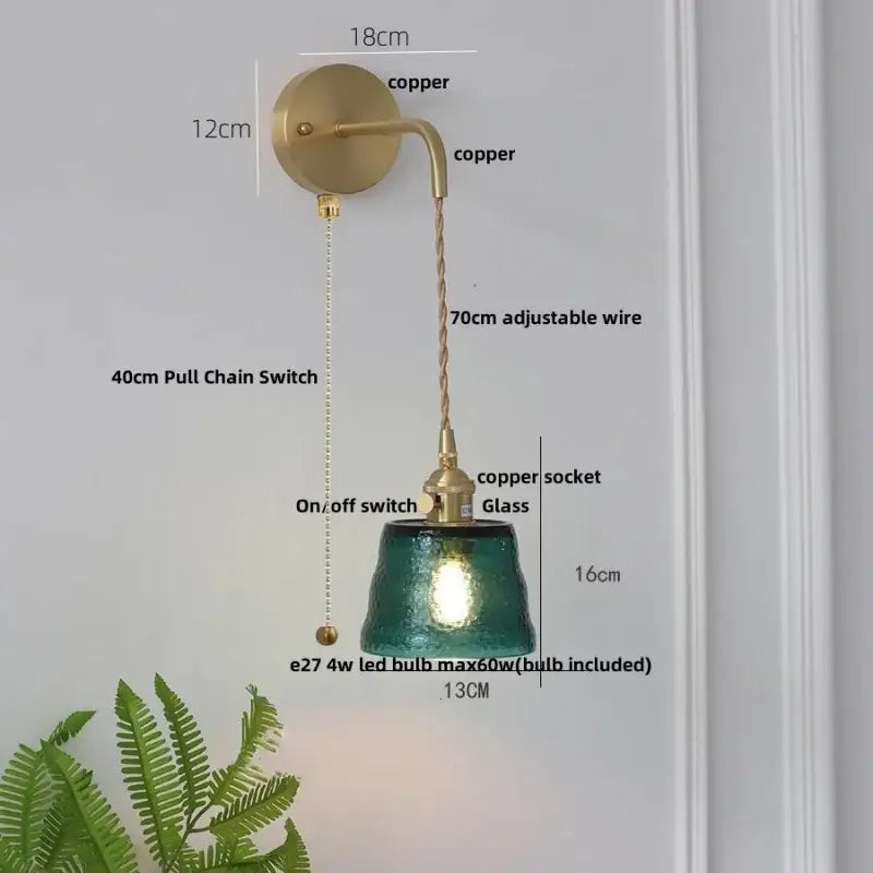 Vintage brass led wall lamp with copper finish, textured teal glass shade, adjustable twisted wire for bedroom decorbites clear glass