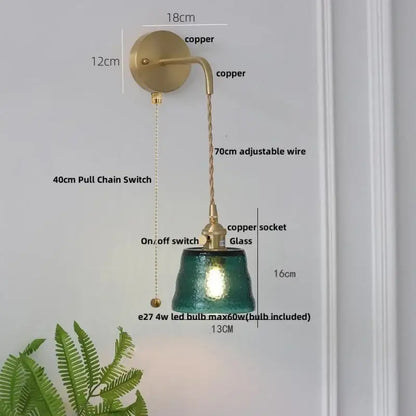 Vintage brass led wall lamp with copper finish, textured teal glass shade, adjustable twisted wire for bedroom decorbites clear glass