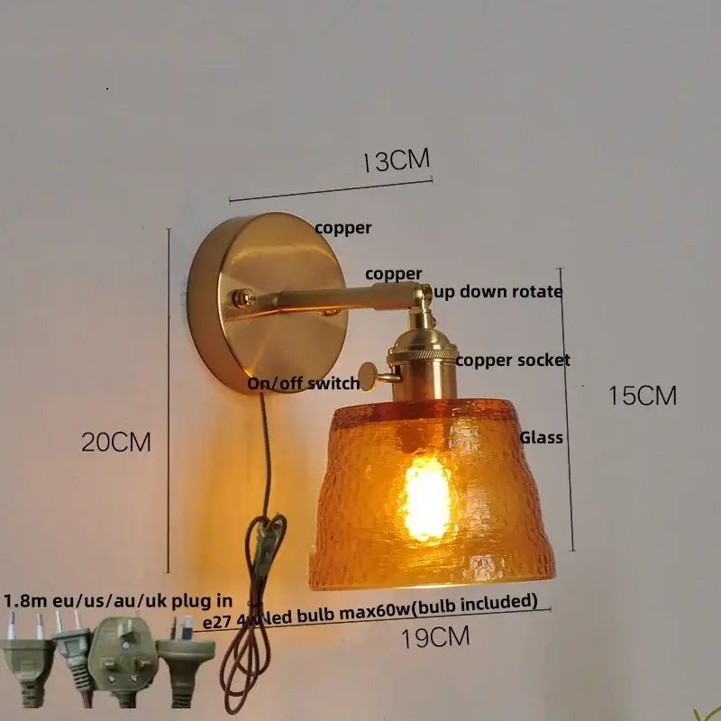 Copper-finished vintage brass textured glass wall lamp with amber shade and pull chain led wall decorbites clear glass