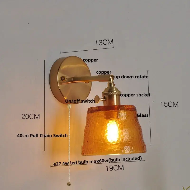 Vintage brass textured glass wall lamp with copper finish amber shade and included led bulb for led wall decorbites clear glass
