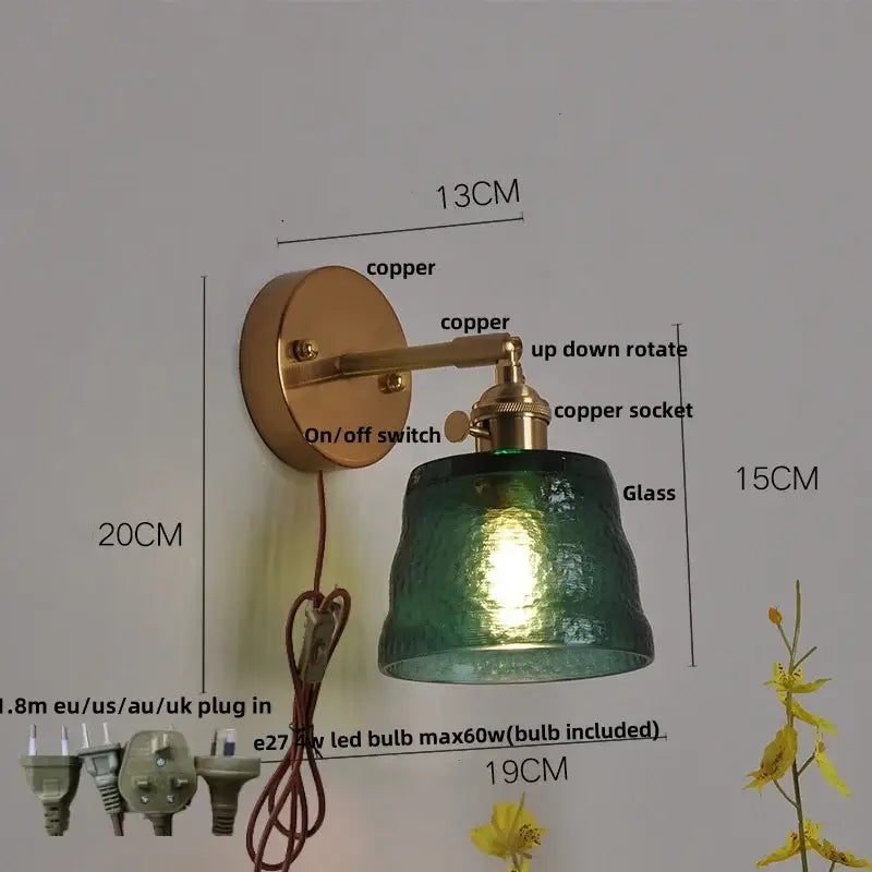 Vintage brass led wall lamp with copper finish and textured green glass shade for bedroom decorbites clear glass style