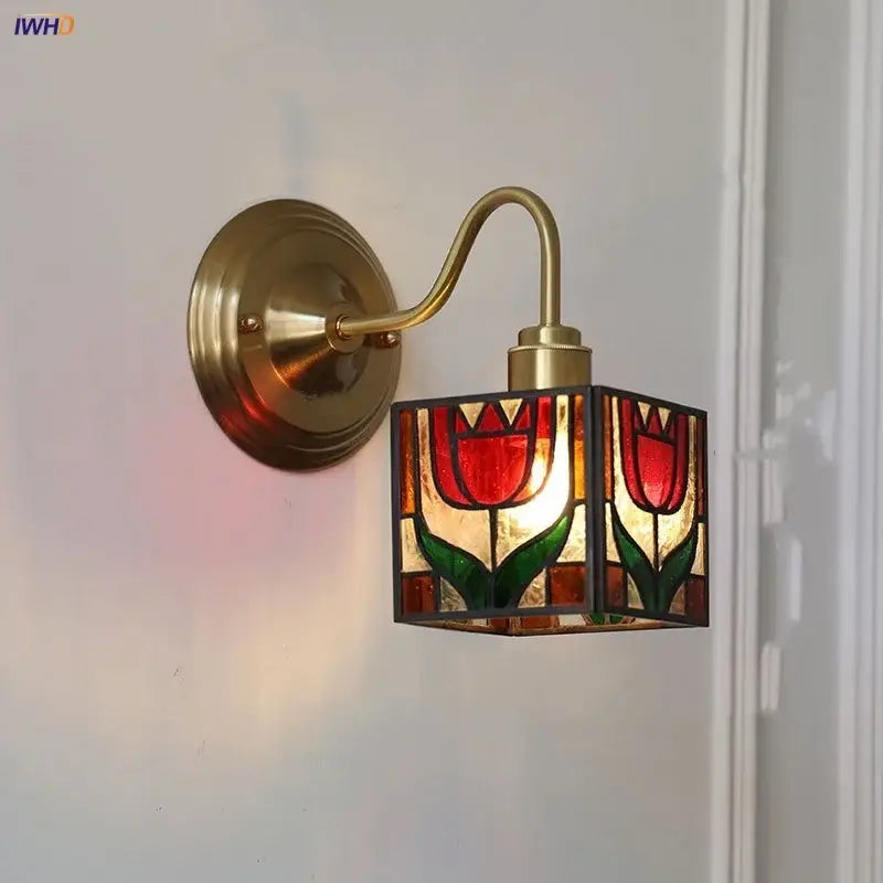 Vintage brass tulip cube led wall lamp with stained glass shade featuring red tulips and green leaves for decorbites cube led wall decor