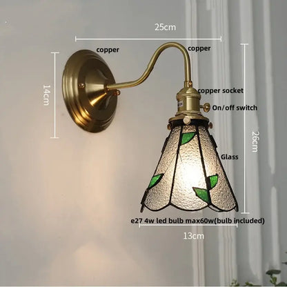Vintage brass tulip cube led wall lamp with copper sconce and textured glass shade featuring green leaf motifs for decorbites cube led wall
