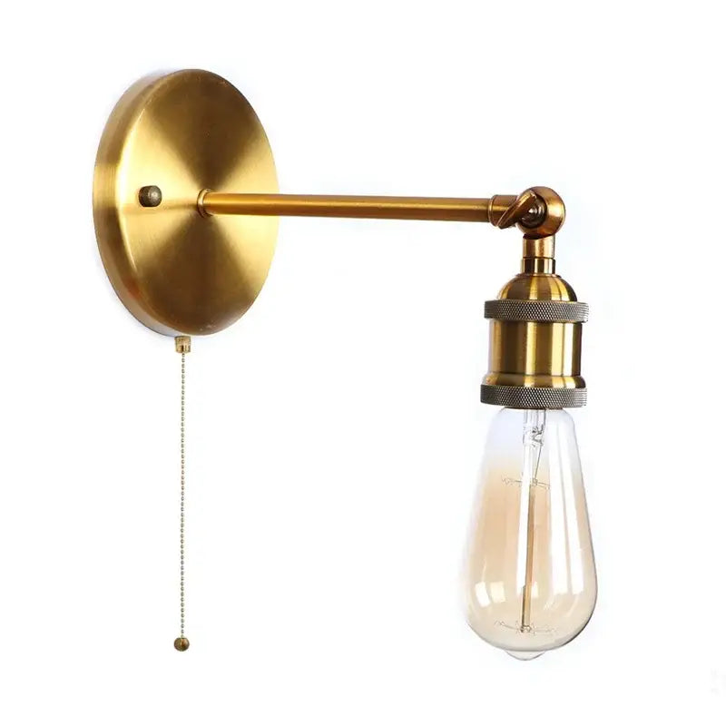 Vintage brass wall lamp with pull chain featuring a brass finish and vintage edison bulb for decorbites gold vintage iron decor