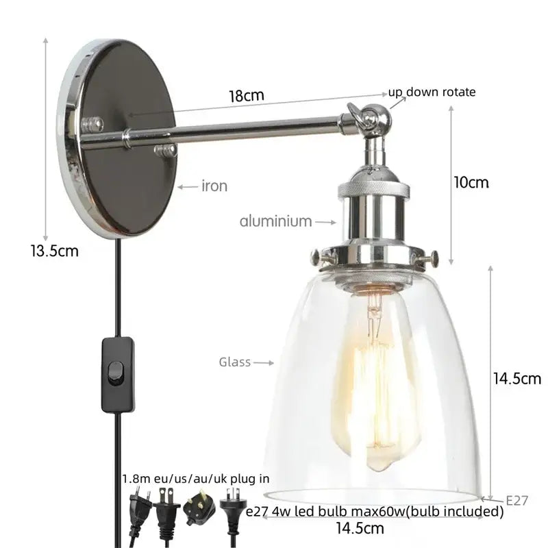 Vintage brass wall light fixture with chrome finish, clear glass dome, and exposed Edison bulb for bedroom lighting