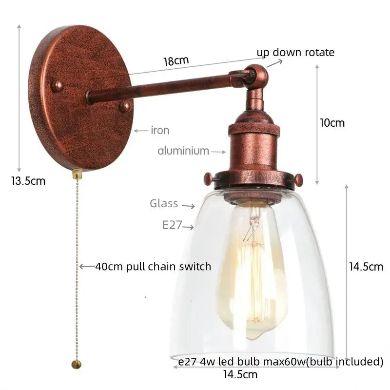 Vintage brass wall light fixture with copper finish and clear glass dome featuring an e27 led bulb for bedroom