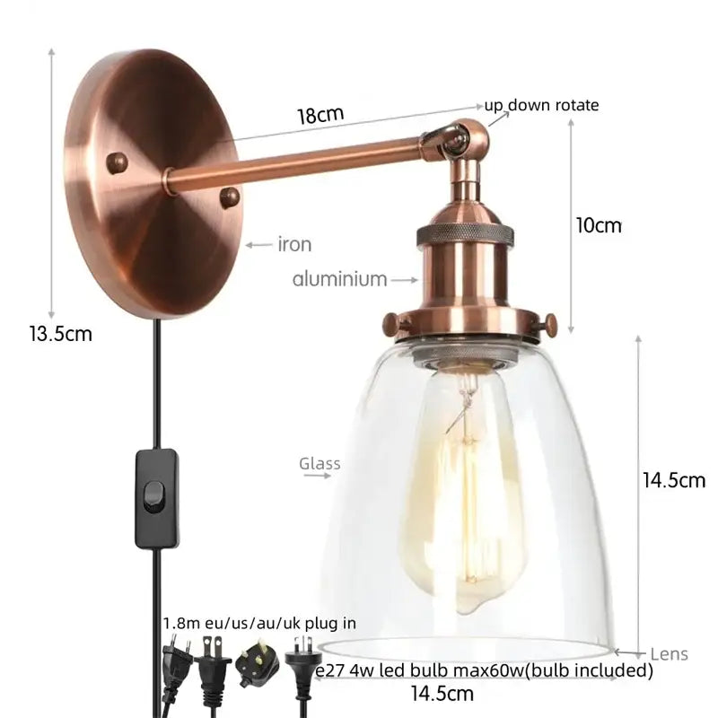 Vintage brass wall light fixture with copper finish glass dome and exposed edison bulb for bedroom lighting