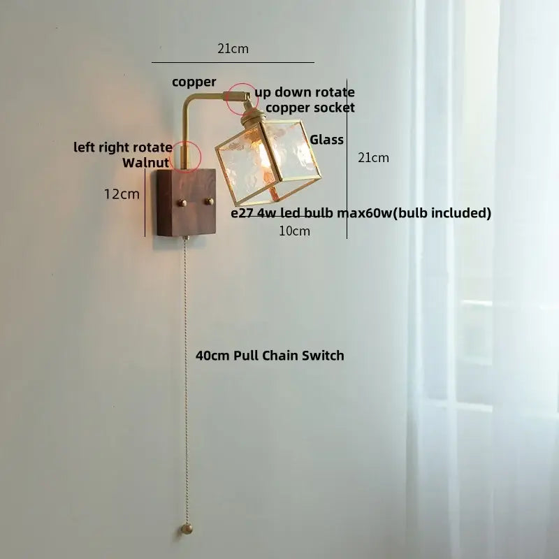 Vintage brass wall light with copper and walnut base and clear glass cube shade by decorbites clear glass bedroom sconce